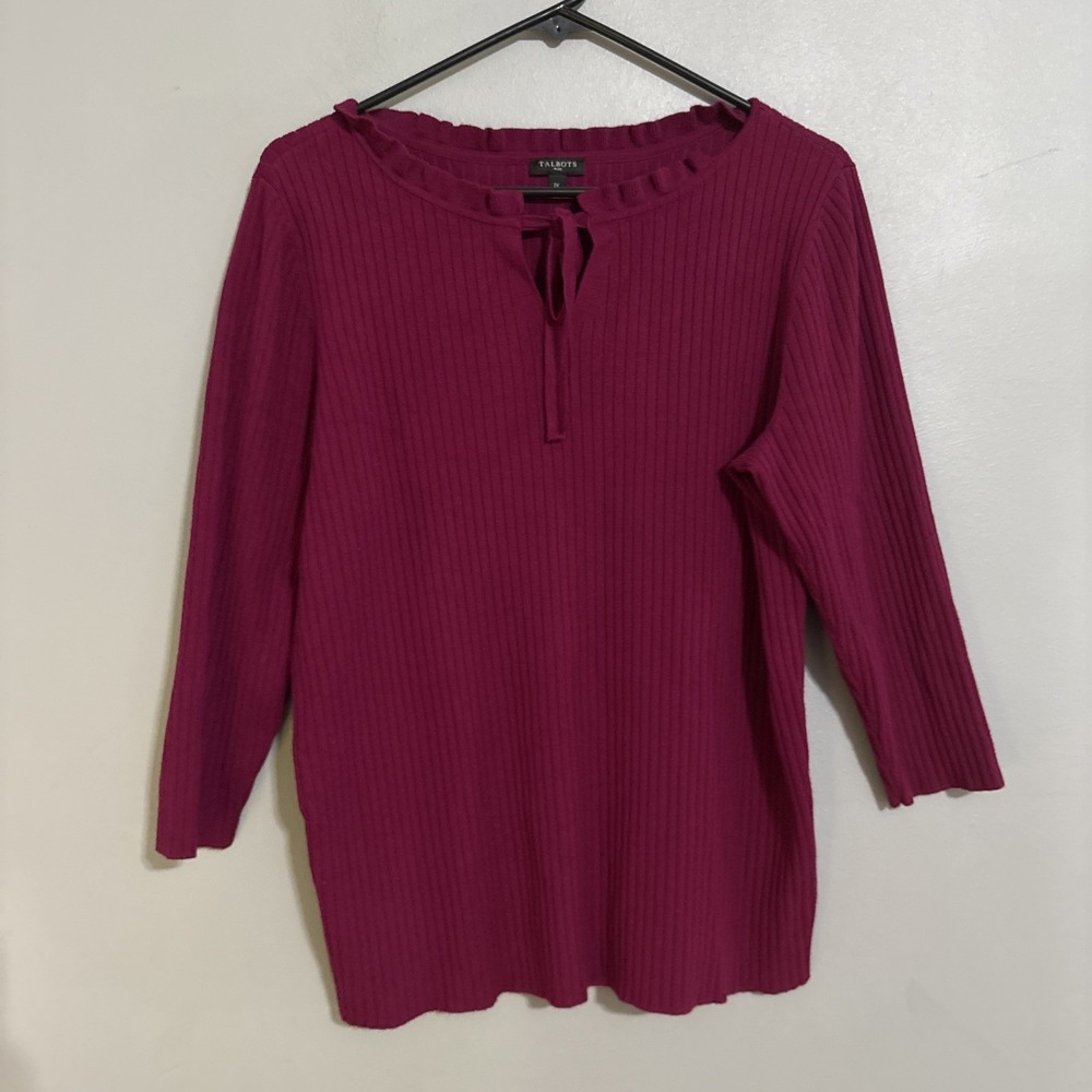 Talbots Plus Size 1X Berry Pink Ribbed Knit Ruffle Neck Tie Front Sweater Top